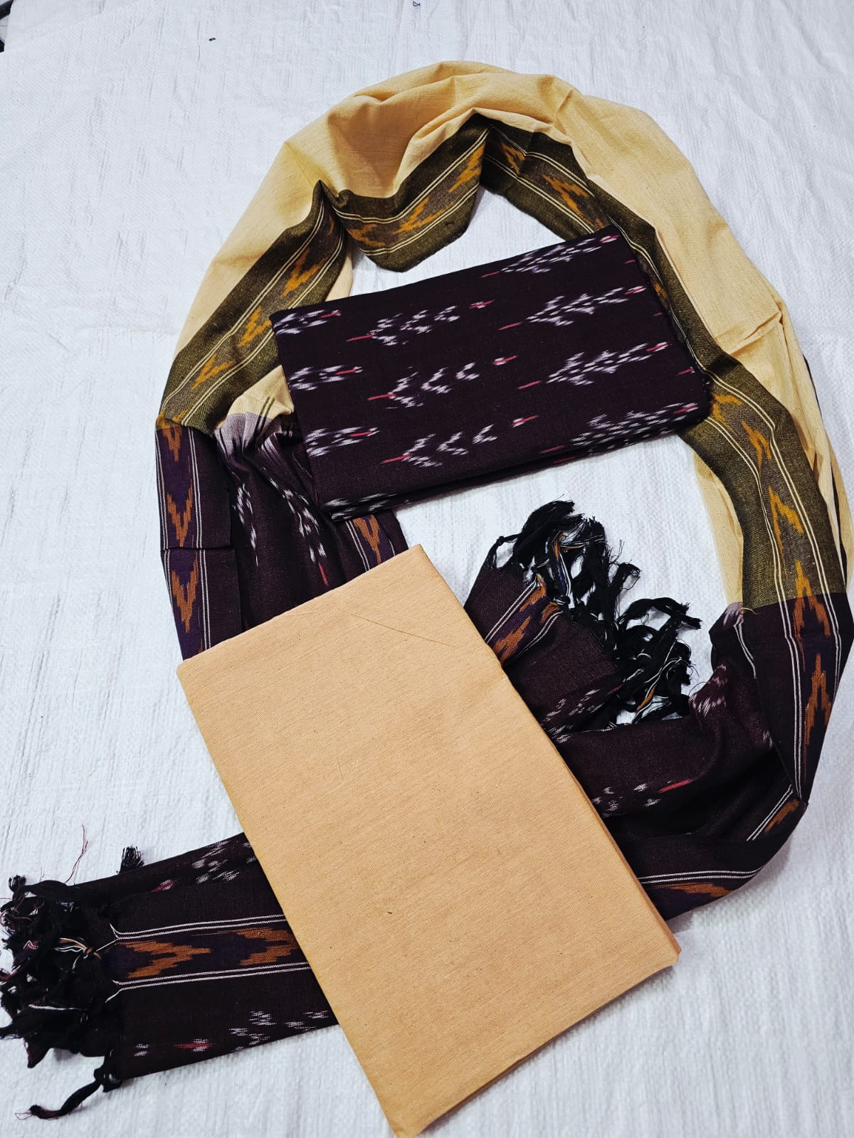 Handloom Ikat 3-piece salwar set — dark purple ikat with beige bottom