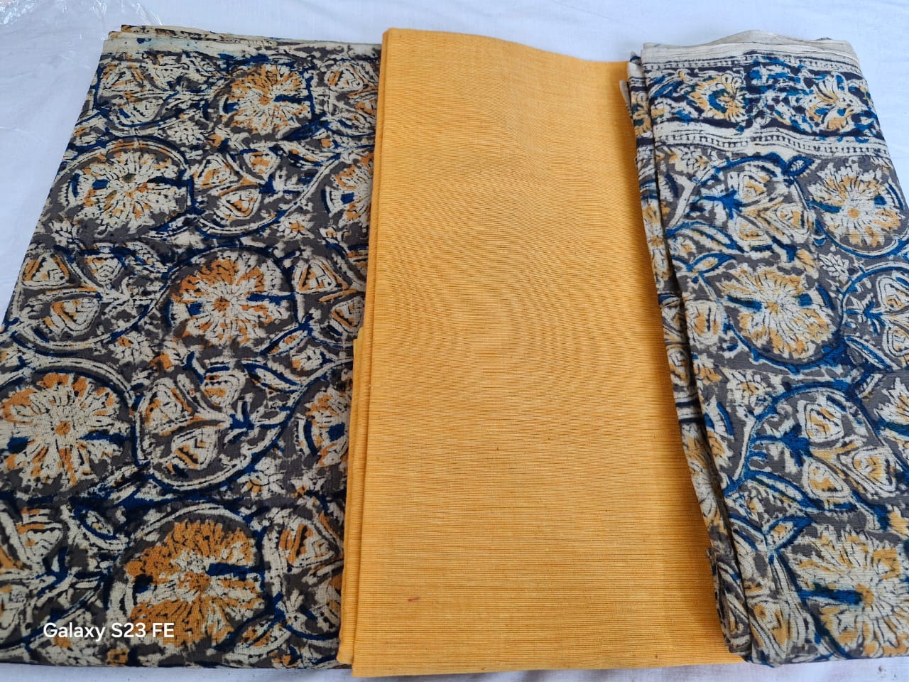 Navy blue Kalamkari print dress set with mustard bottom fabric