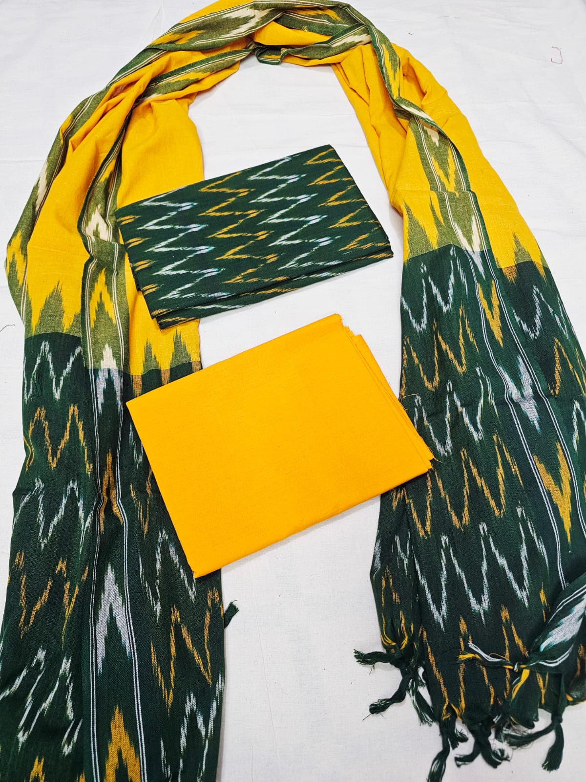3-piece Ikat cotton salwar set — yellow-green ikat with yellow bottom