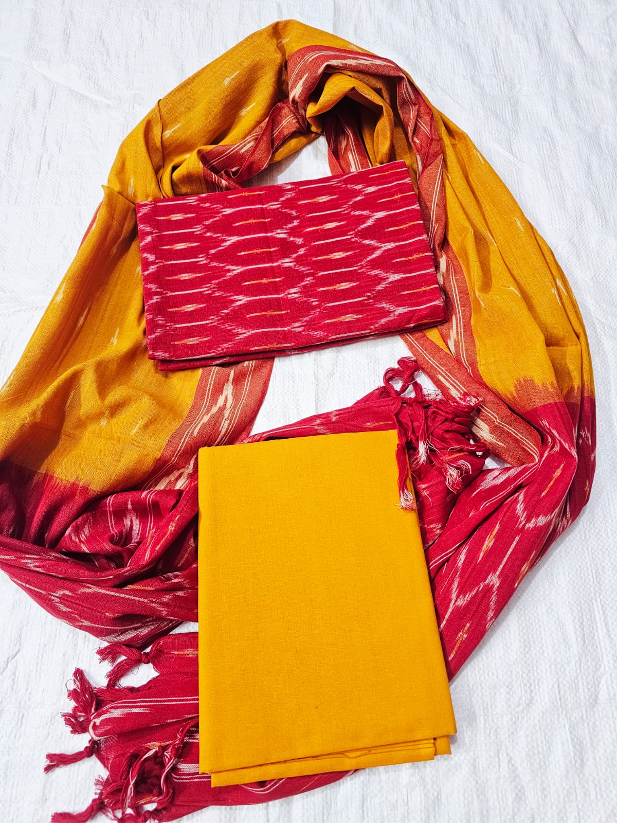 Pochampally Ikat 3-piece set — red ikat with yellow bottom and dupatta