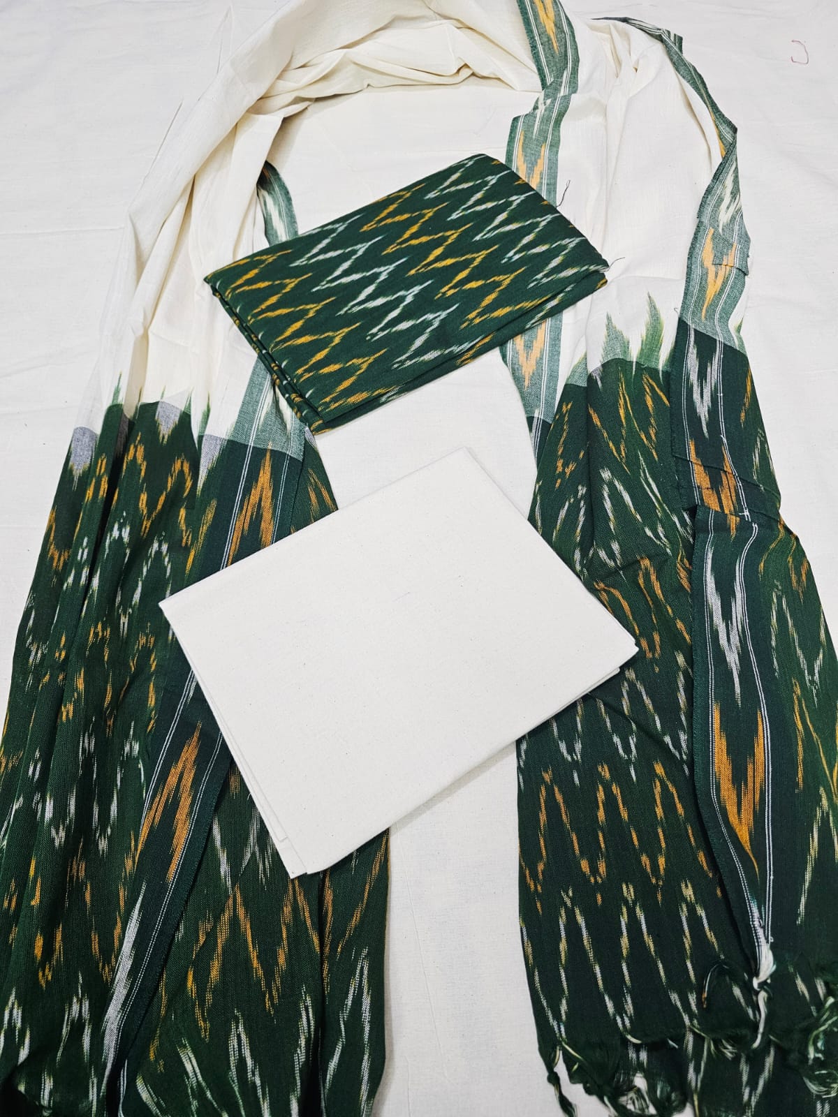 Mangalgiri Ikat salwar set — green ikat with white bottom and dupatta