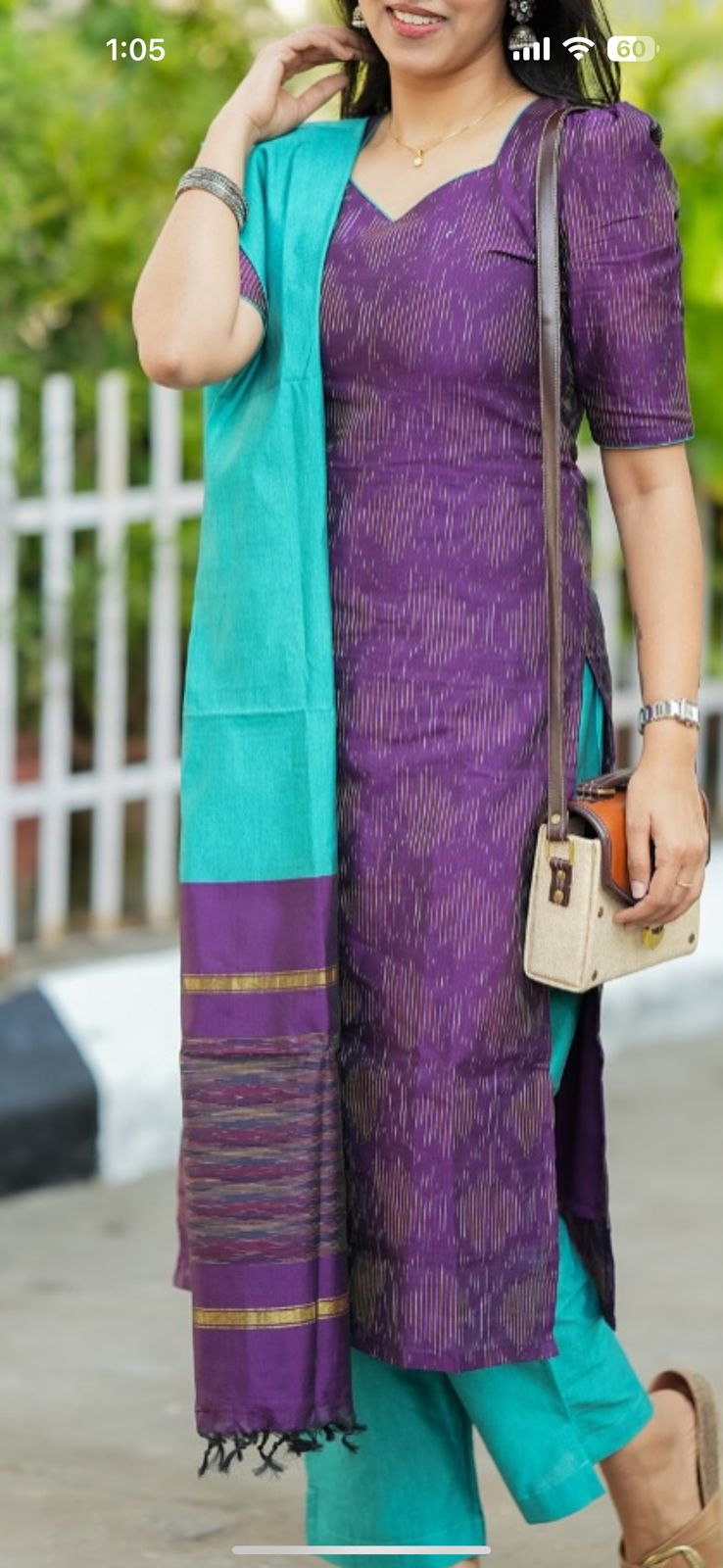 Handloom Sarees — model wearing purple ikat kurta with teal dupatta