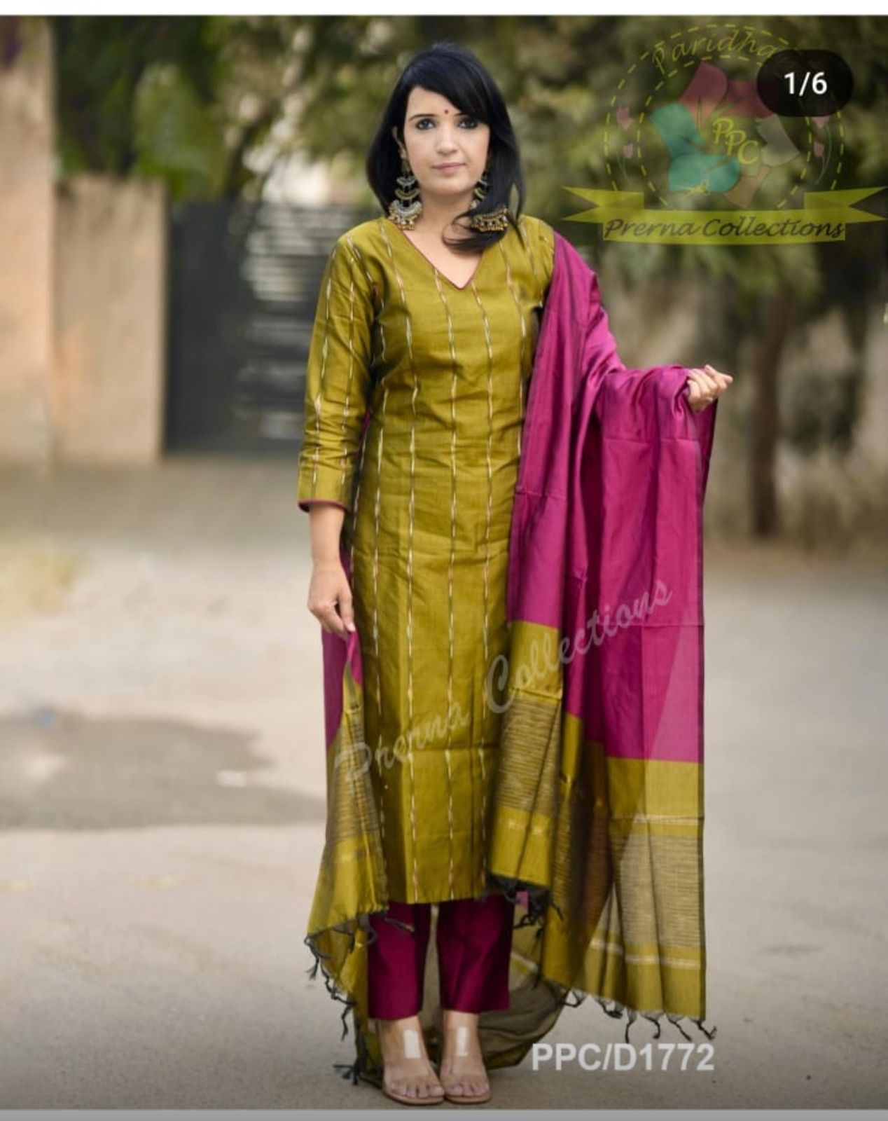 Olive green handloom kurta set with magenta pink dupatta, worn by model