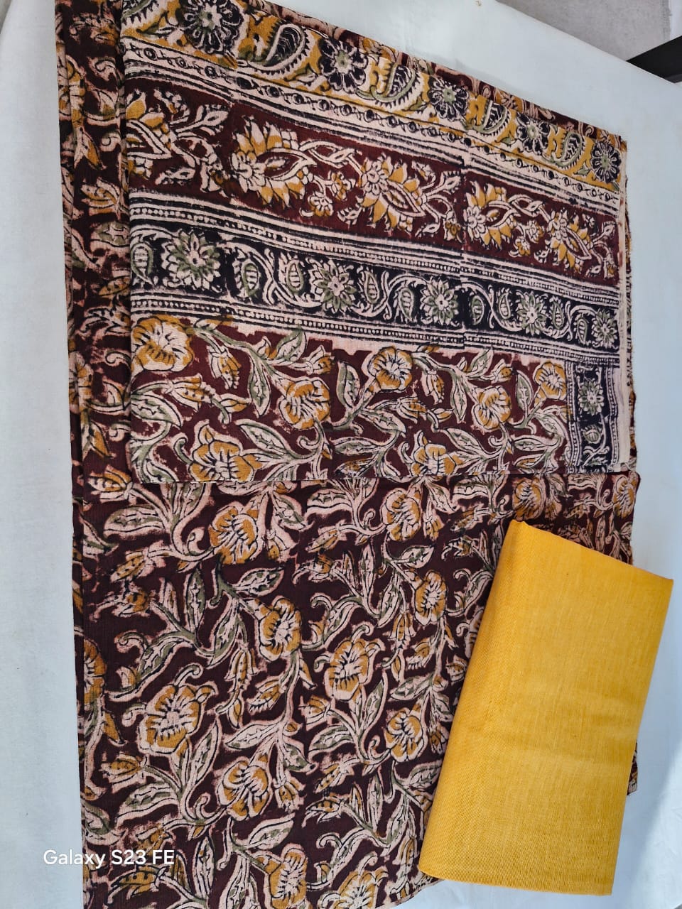 Kalamkari block print dupatta set — brown floral print with yellow fabric
