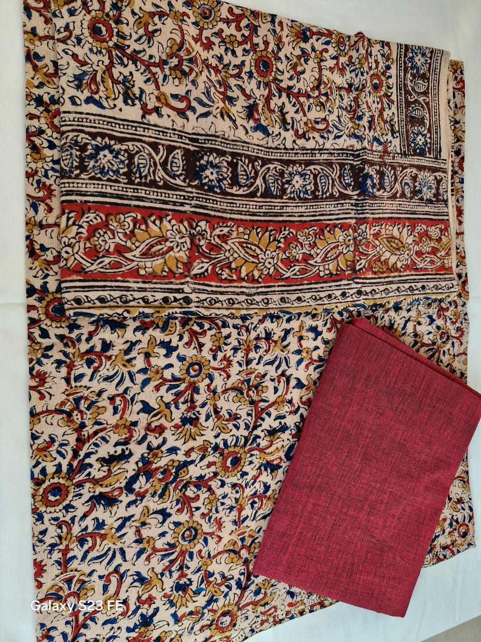Cream Kalamkari floral block print set with red bottom fabric
