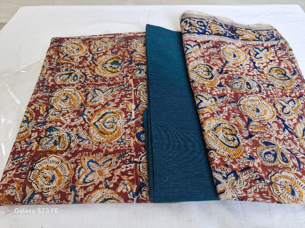 Kalamkari cotton dress set with teal blue bottom fabric