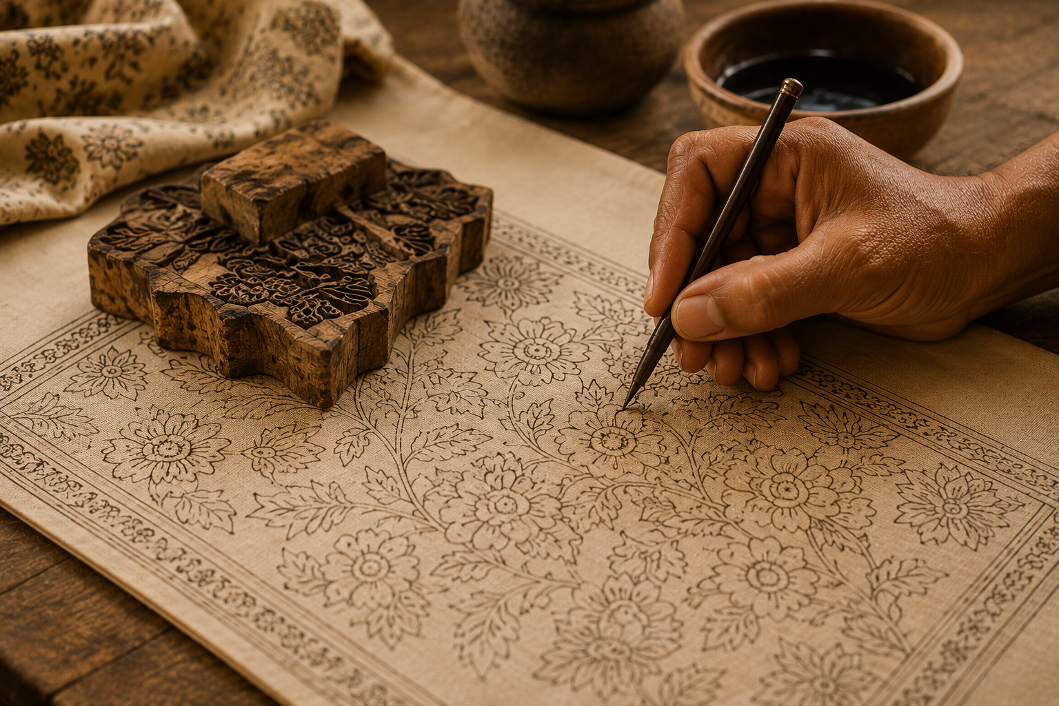 Kalamkari — artisan hand-drawing floral motifs with block stamps