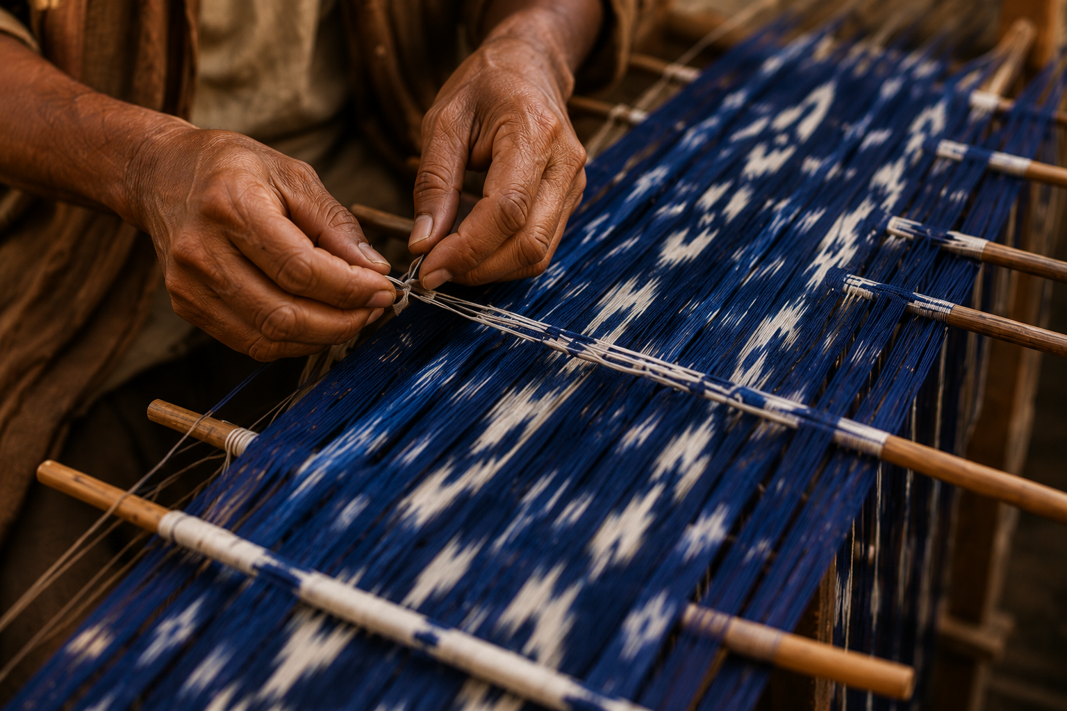Ikat resist-dyeing — hands tying and warping threads on loom