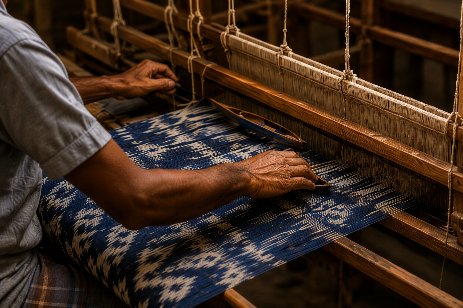 Traditional handloom — artisan at wooden loom weaving ikat textile