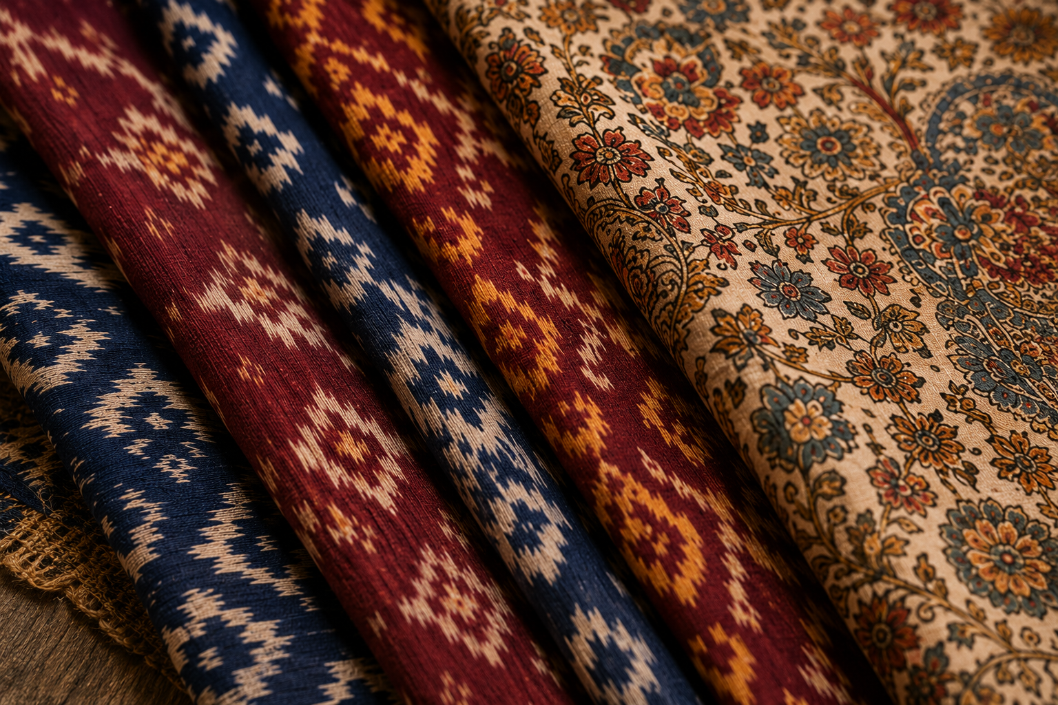 Finished fabrics — folded ikat and kalamkari textiles in rich colours